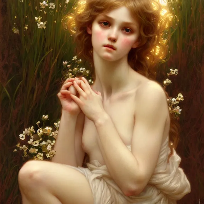 Image similar to pure innocence, diffuse lighting, fantasy, intricate, elegant, highly detailed, lifelike, photorealistic, digital painting, artstation, illustration, concept art, smooth, sharp focus, art by John Collier and Albert Aublet and Krenz Cushart and Artem Demura and Alphonse Mucha