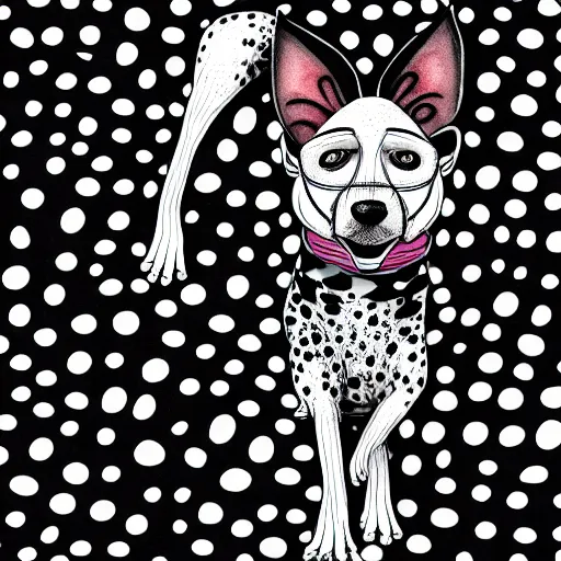 Image similar to black spotted grey dog wearing cool clothes, style of caricature and Junji Ito, 4k, Deviantart