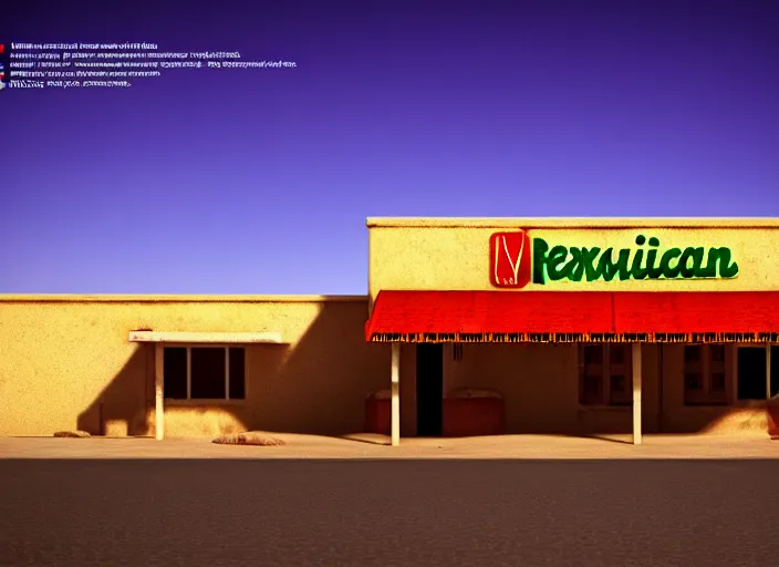 Image similar to realistic exterior photo of a mexican restaurant, vaporwave, in a flat barren desert. 15mm. Very detailed 8k. Sharp. Cinematic post-processing. Unreal engine. Nanite. Ray tracing. Parallax. Tessellation