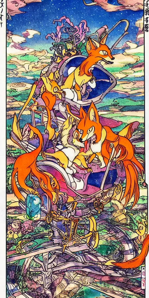 Image similar to a mystical chariot drawn by foxes in japan, 1990s anime, full color, tarot card the chariot,