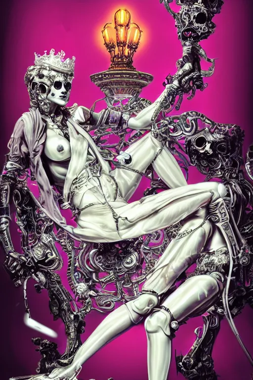 Image similar to full-body rococo and cyberpunk style neon statue of a young attractive portugues macho dotado android reclining sim roupa con piroca, glowing white laser eyes, prince crown of pink gears, diamonds, swirling silver-colored silk fabric. futuristic elements. full-length view. space robots. human skulls. intricate artwork by caravaggio. Trending on artstation, octane render, cinematic lighting from the right, hyper realism, octane render, 8k, depth of field, 3D