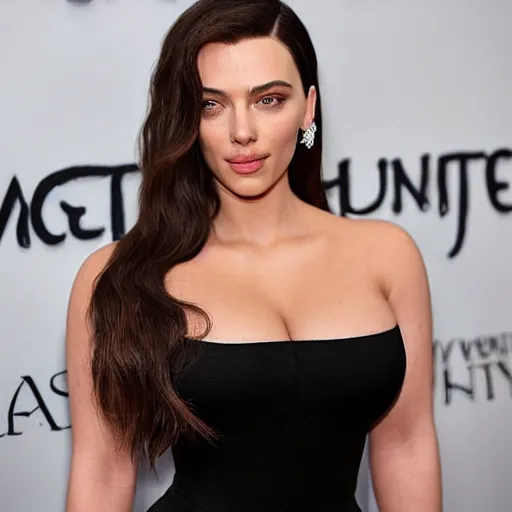 Image similar to a woman who is a genetic combination of kim kardashian and kat dennings and scarlett johansson and margot robbie and emma watson face and upper - body focus