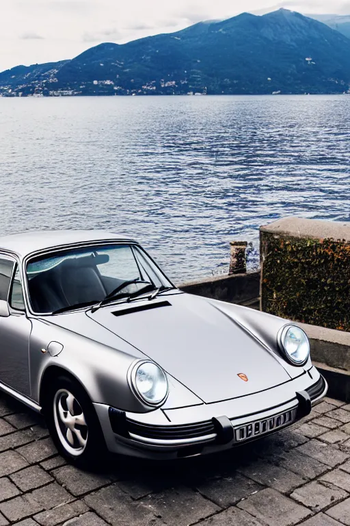 Prompt: Photo of a silver Porsche 911 Carrera 3.2 parked on a dock with Lake Como in the background, daylight, dramatic lighting, award winning, highly detailed, 1980s, luxury lifestyle, fine art print, best selling.