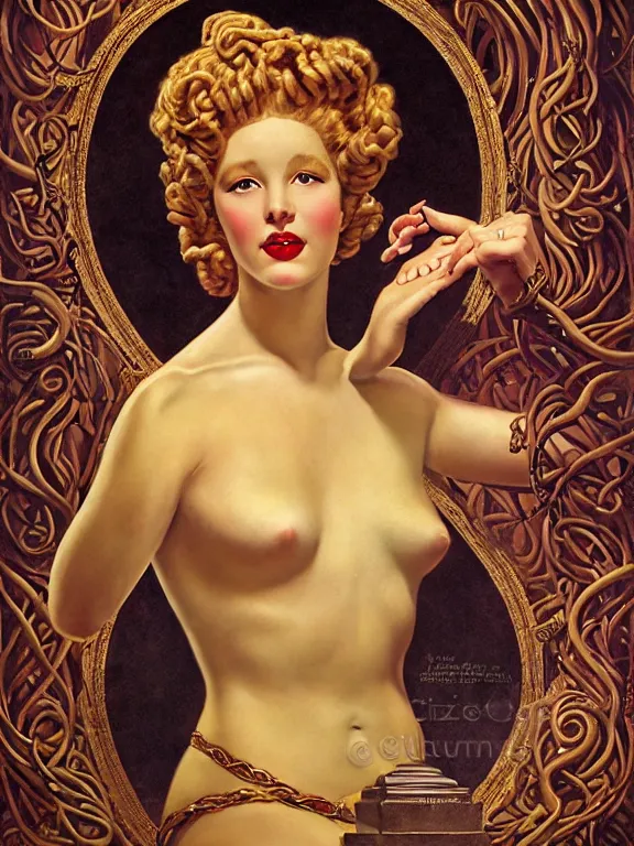 Image similar to Sidney Sweeney as the Medusa Gorgon, a beautiful art nouveau portrait by Gil elvgren, Greek temple environment, centered composition, defined features, golden ratio, gold jewlery, photorealistic professionals lighting, cinematic, sheer