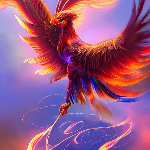 Image similar to cute flying chinese phoenix, sparkling bird eyes, embers surrounding her wings, shining rainbow feathers, smooth features, feathers on fire, highly detailed, digital painting, artstation, concept art, smooth, soft focus, beautiful rainbow colors, illustration, chinese phoenix art by Artgerm and greg rutkowski