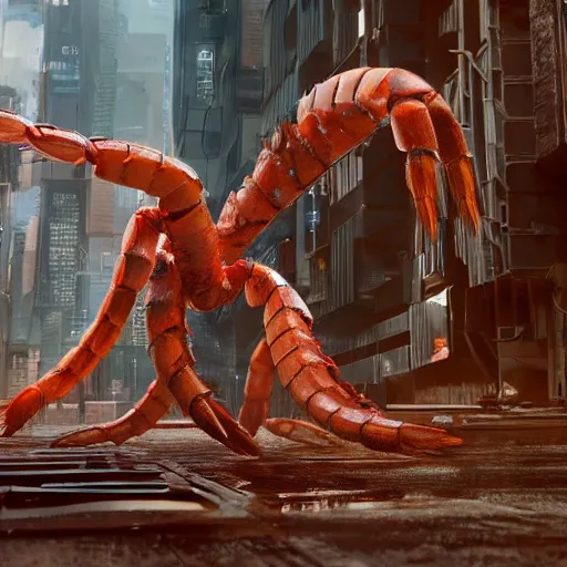 Prompt: a giant robotic shrimp standing in a dystopian city, cyberpunk, dystopian, god, evil, villain, sharp focus, dynamic lights, still, photograph, hyper realistic, masterpiece, digital, octane render, rendered, 3 d, blender, 3 d software, cinematic, cinematic lighting, dramatic lighting, dramatic, highly detailed, intricate details, texture, slime, cinematic composition