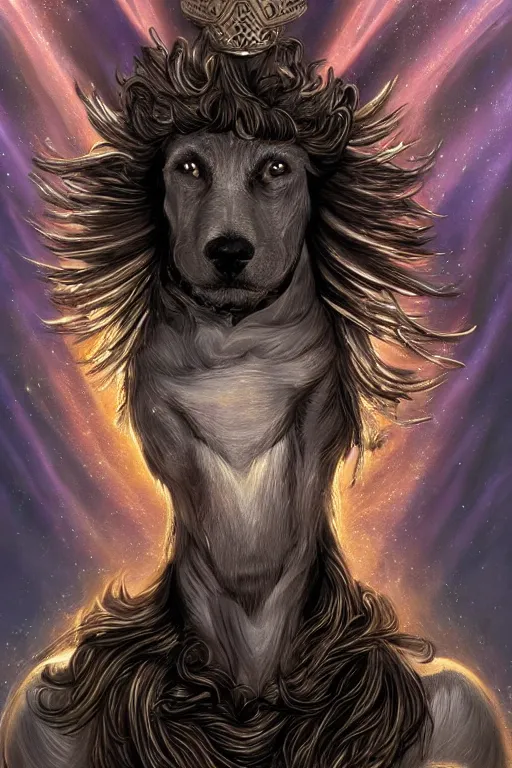 Image similar to Dog as a god with a radiant halo, detailed face, gorgeous, amazing, flowing hair, very muscular male body, partial anatomy, stormy background, caesar victorious, proud Emperor, crepuscular ray, intricate, highly detailed, 8K, digital painting, fantasy, artstation, concept art, sharp focus, over-shoulder shot, illustration, art by greg rutkowski beeple and alphonse mucha, jim burns