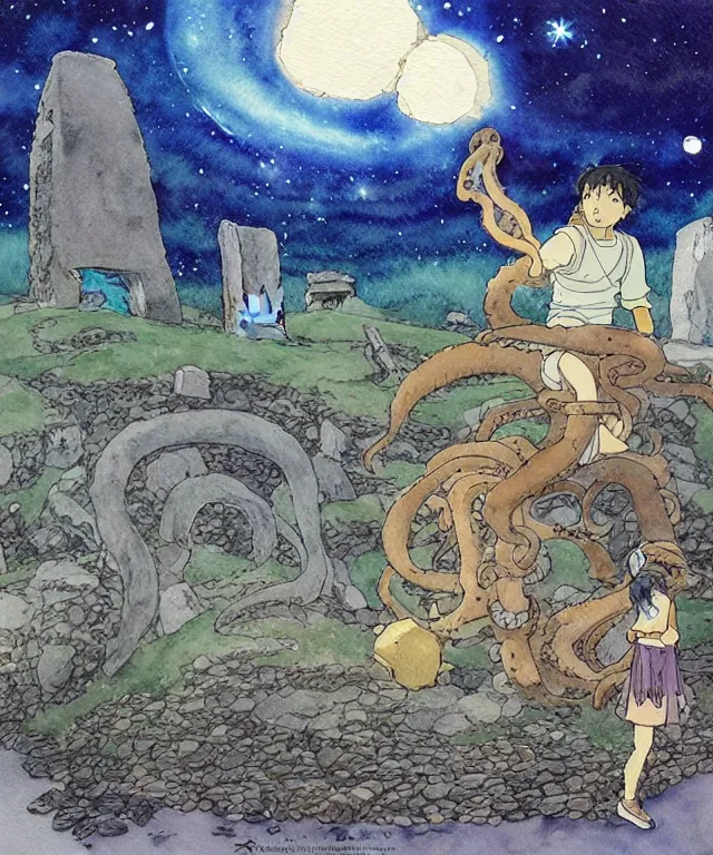 Image similar to a hyperrealist studio ghibli watercolor fantasy concept art. in the foreground is a giant grey octopus lifting and putting stones in to place on top of stonehenge with a starry sky. by rebecca guay, michael kaluta, charles vess