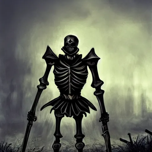 Prompt: in the style dnd a skeleton knight in black full plate armor standing on the battlefield surrounded by dead bodies, golden hour, shallow depth of field, moody lighting, 8 k, concept art,