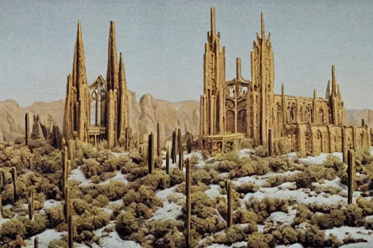 Image similar to landscape hills made of liquid melted wax paper and white brutalist desert gothic cathedral painted by paul gustav fischer