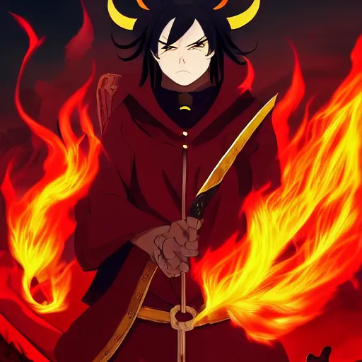 Image similar to villan devil handsome in demon slayer art, night, fire lines, anime style, detailed face, high quality, smooth in 8k, sharp focus, beautiful scene, black border, beautiful scene with a lot of colors, colorful fire