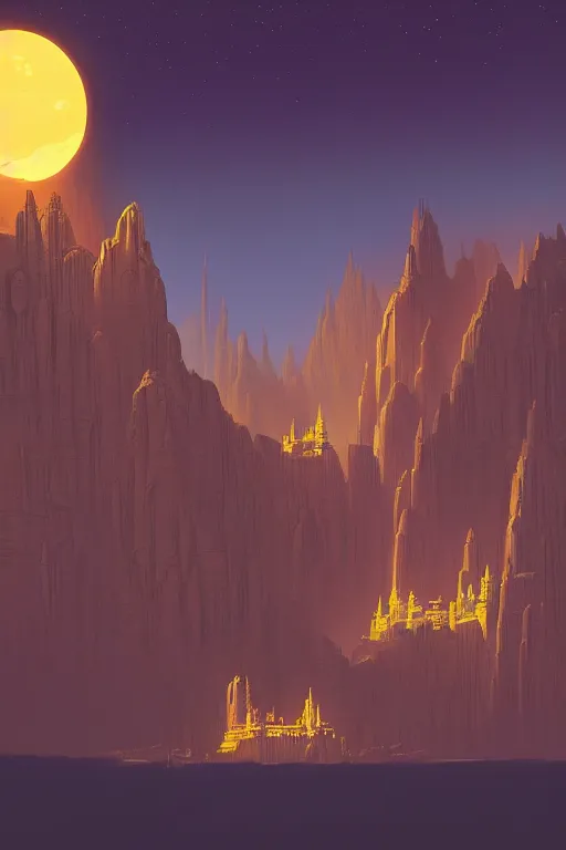 Prompt: ancient temples glowing yellow in canyon, monks, golden statue, light streaks in the sky, floating planets and moons, dramatic lighting, artstation, matte painting, ralph mcquarrie, simon stalenhag