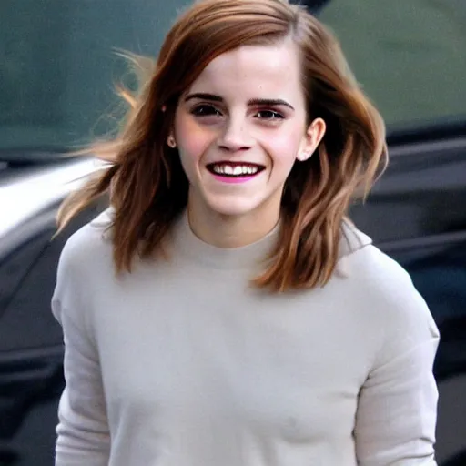 Image similar to emma watson unapologetically grinning from her car window, paparazzi photo, tabloid, perfect clear eyes, hermione granger
