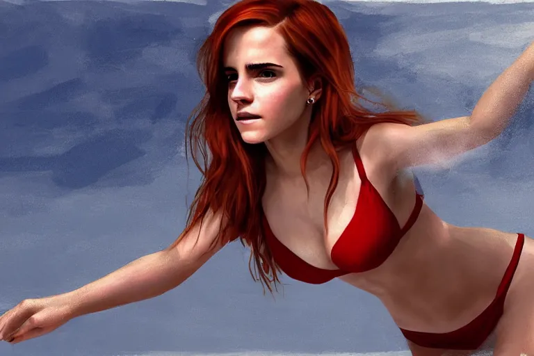 Image similar to highly detailed Red-haired beauty Emma Watson in a bikini, mid-shot ,pixiv , digital painting