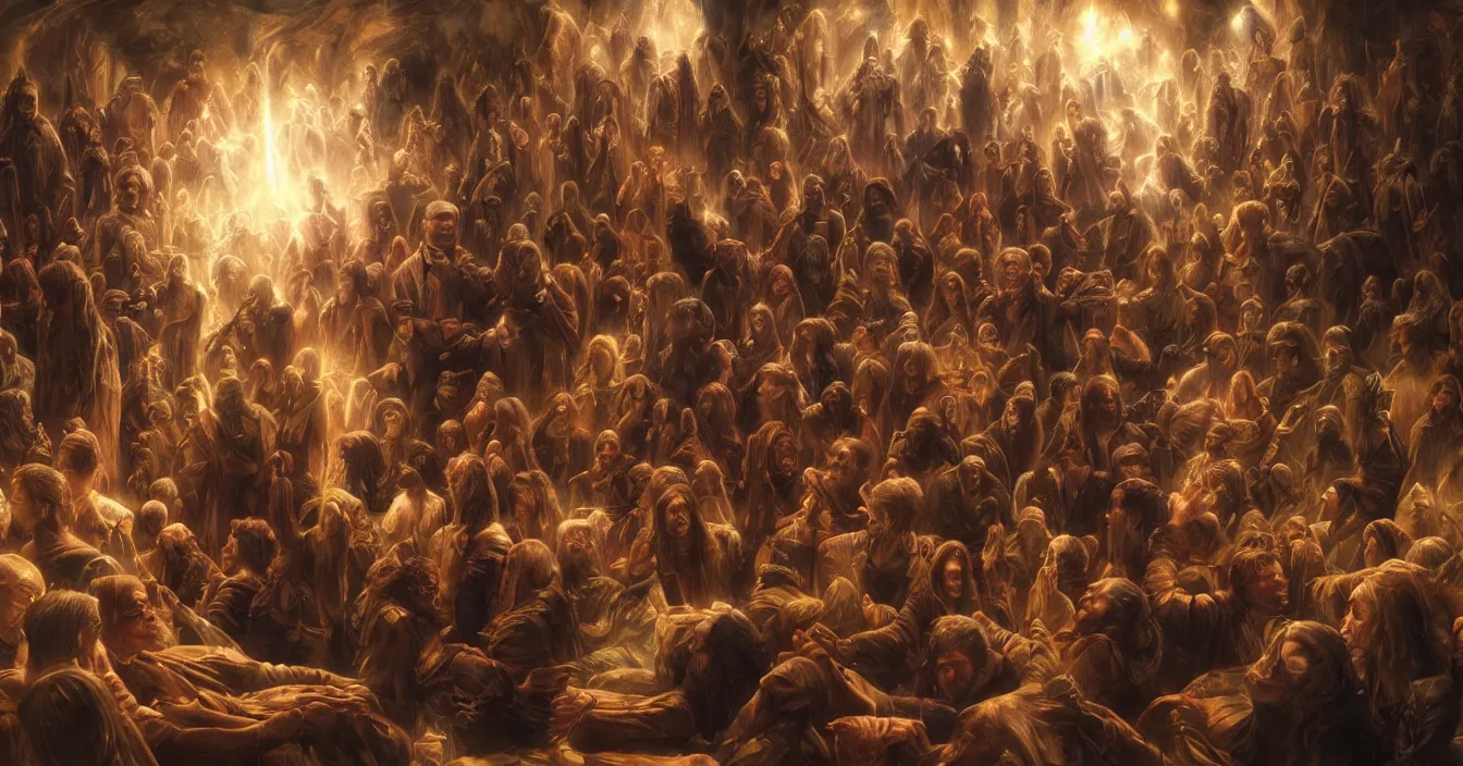 Image similar to souls sit in the cinema and watch volumetric light of consciousness projecting their lives inf front of them on the big screen, realistic, deep sense of spirituality, visual plasticity, unreal engine quality, raytracing, vray shading, style of donato giancola