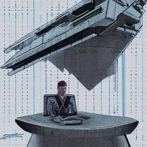 Image similar to mark strong as grand admiral thrawn sitting as his desk on a star destroyer, hd, digital art