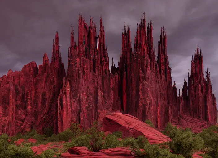 Prompt: dramatic hyperrealistic render of a gothic cathedral, made of red rock, tall spires, top of a canyon, atmospheric, moody, dark, cinematic, octane render, 8K