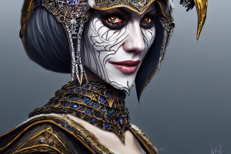 Image similar to a full portrait of a beautiful woman wearing, wearing extremely detailed attire, slim complexity, extremely detailed white eyes, medievil, dnd, extremely detailed, high quality, trending on artstation, photo realistic