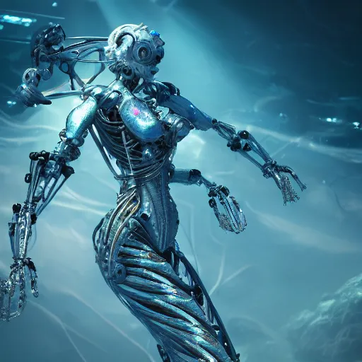 Image similar to biomechanical mecha white mermaid underwater, rays of light. Style of westworld, cables, lights, searchlight, weta digital, octane render, insane details, ultra realistic, beatifully lit, reflections