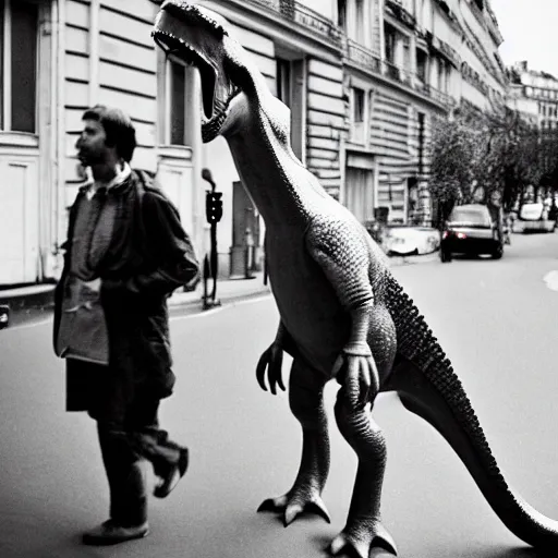 Prompt: french dinosaur walking in the streets of paris, 3 5 mm