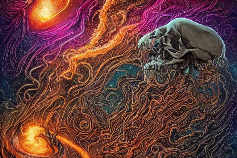 Prompt: a giant skull and flesh creature with deep and intricate rune carvings and twisting lovecraftian tentacles emerging from a space nebula by dan mumford, twirling smoke trail, a twisting vortex of dying galaxies, collapsing stars, digital art, photorealistic, vivid colors, highly detailed, intricate