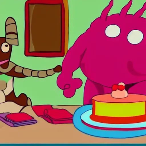 Prompt: a cake monster eating a cake. Saturday morning cartoon. VHS style.