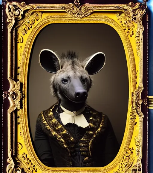 Image similar to professional studio photo portrait of anthro anthropomorphic spotted hyena head animal person fursona smug smiling wearing elaborate pompous royal king robes clothes gold frame by Louis Daguerre daguerreotype tintype