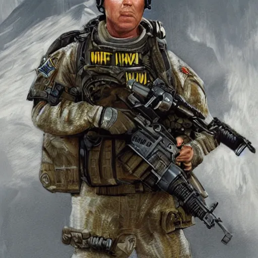 Image similar to Will Ferrell as a navy SEAL, high resolution fantasy concept art, intricate details, soft lighting