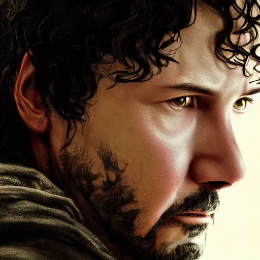 Prompt: portrait of Keanu reeves as Frodo baggins, sharp, Detail, detailed face,4k, cinematic lighting, in the style of Greg Rutkowski and James Gurney