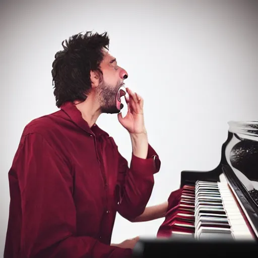 Image similar to a crying musician is shouting at a mobile phone while playing piano, professional photography