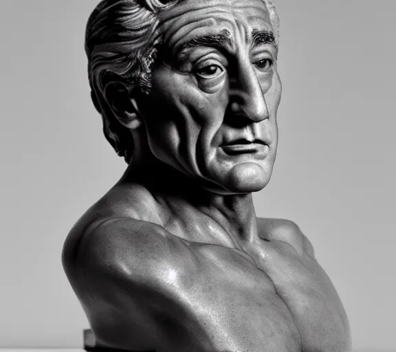 Prompt: a hyper-detailed marble status of Robert DeNiro by Michelangelo; anatomically correct; an extraordinary masterpiece!!!; proud posture; trending on artstation; f/1.4; 90mm