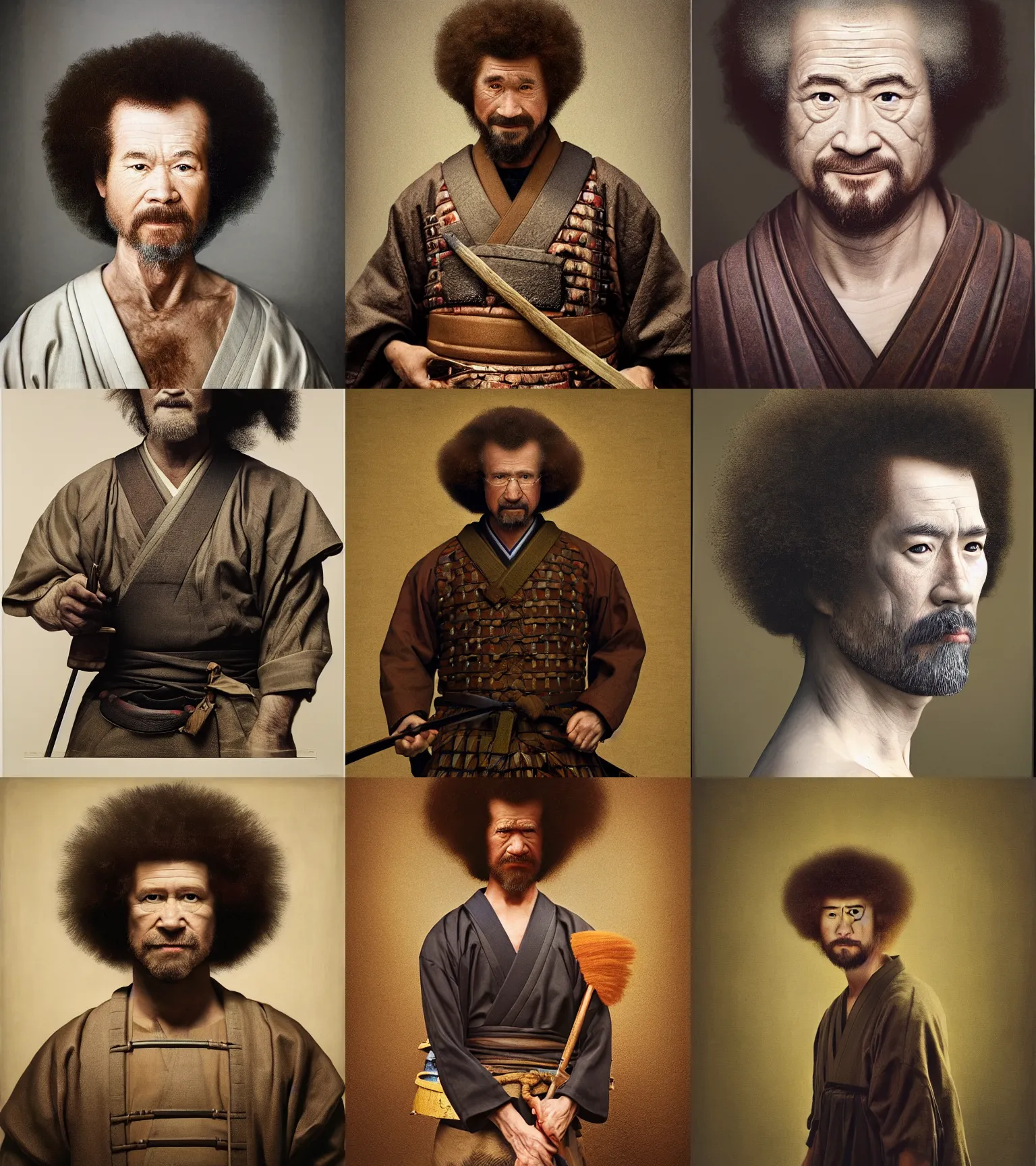 Prompt: Samurai young Bob Ross realistic detailed portrait by Gregory Crewdson, Irving Penn, Rembrandt, Alex Horley and Jimmy Nelson!
