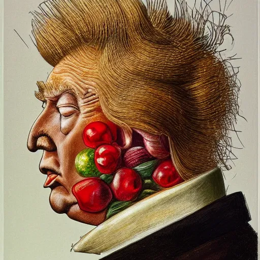 Prompt: donald trump portrait, side view, painted by giuseppe arcimboldo. just fruit and vegetables