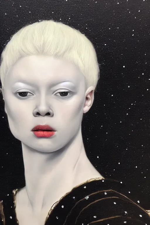 Image similar to hyperrealism oil painting, close - up portrait of albino medieval fashion model, black silk, steel gradient mixed with nebula sky, in style of baroque