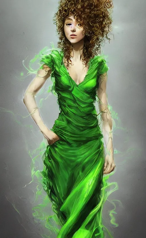 Image similar to a young woman with wild, curly hair and bright green eyes. she's wearing a flowing dress made of light, airy fabric and she has a mischievous look on her face, dynamic lighting, photorealistic fantasy concept art, trending on art station, stunning visuals, creative, cinematic, ultra detailed