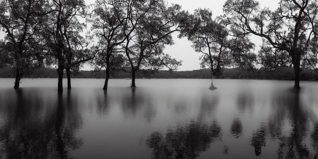 Prompt: infinitely long rope zig zagging across the surface of the water into the distance, floating submerged rope stretching out towards the center of the lake, a dark lake on a cloudy day, moody scene, trees in the background, hyper - detailed photograph, 4 k anamorphic lens