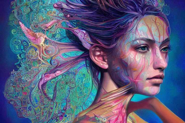 Prompt: beautiful woman, illustration painting, oil on canvas, intricate, portrait, detailed illustration, hd, digital art, overdetailed art, concept art, complementing colors, detailed, illustration painting by alex gray, digital art, overdetailed art, concept art, complementing colors rendered by beeple, by makoto shinkai, syd meade,