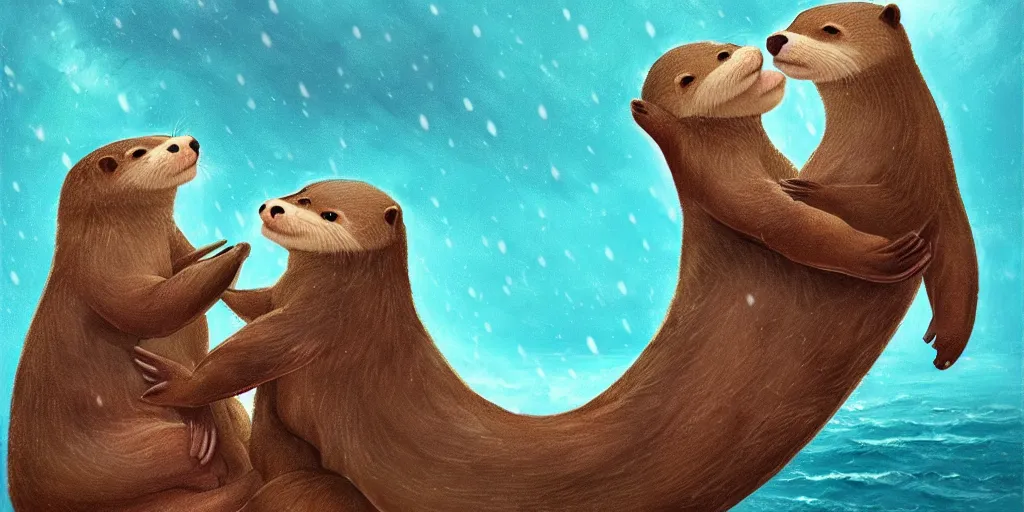 Image similar to Two adorable otters falling in love holding hands side by side, all alone in the middle of a huge storm at sea, fantasy illustration, cinematic, dreamlike, Award winning, romance, detailed trending on art station masterpiece