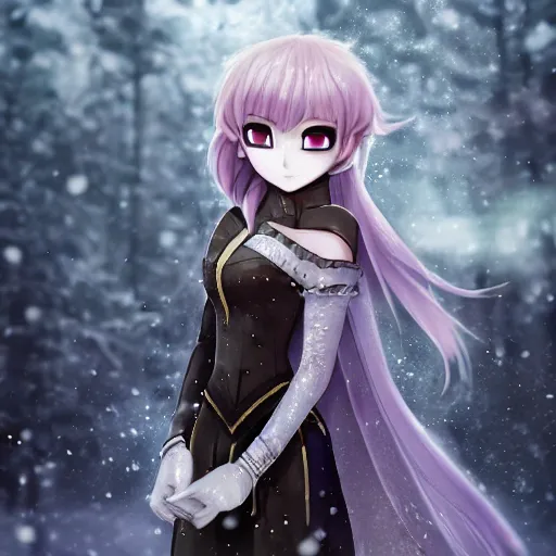 Image similar to portrait focus of knight beautiful 3D anime girl, Frozen ice armor wearing, dark forest background, snowing, bokeh, inspired by Masami Kurumada, digital painting, high contrast, unreal engine render, volumetric lighting, high détail