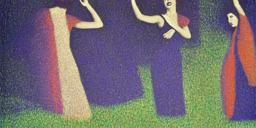 Image similar to a film still of suspiria by dario argento 1 9 7 7 movie, painted by georges seurat, impressionism, pointillism, high quality, detailed, print!, poster,