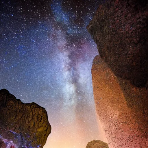 Prompt: a stone cave leading into a galaxy