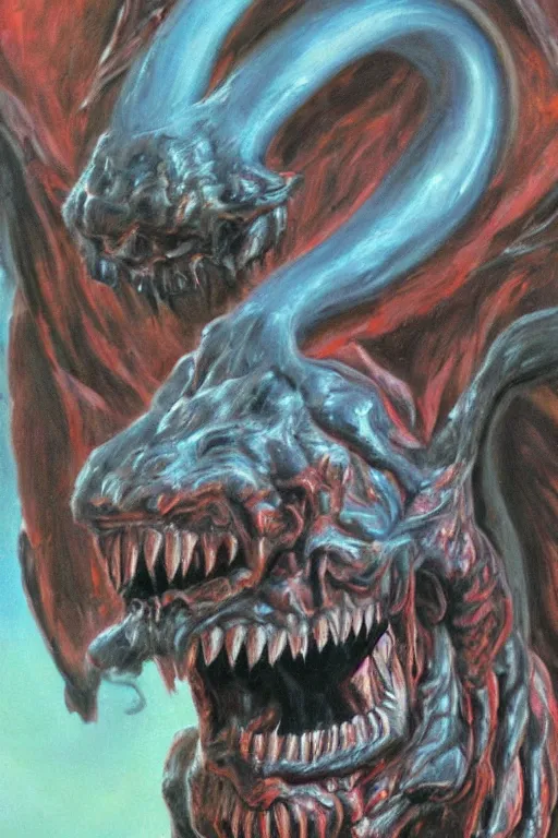 Image similar to oil painting, close-up, hight detailed, portrait of hell beast showing his teeths, in style of 80s sci-fi art