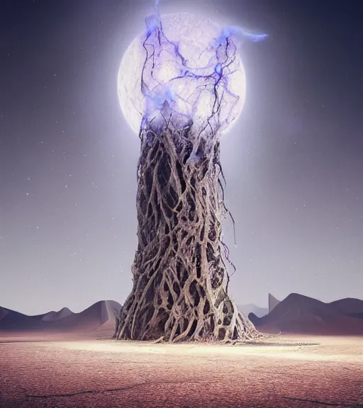 Prompt: surreal theory of elysian unfinished tilted tower made of crystalized guts, aerial iridecent veins, moonbow, inverted white massive roots of sand in the floor, in the desert, foggy sky, dark starry night, octane render, unreal engine, pale colors, high detail, 8 k, wide angle, trending on artstation, behance