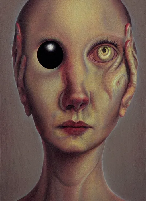 Image similar to dramatic portrait painting of woman with large crying eyes with black mandelbrot fractal instead of face, in style of zdzisław beksinski, horror, body horror,