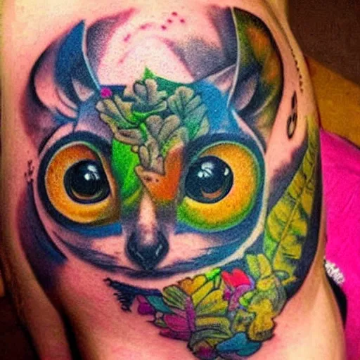 Image similar to shoulder tattoo of a multicolored trippy furry cute bushbaby with rainbow colored spiral eyes, surrounded with colorful shrooms and flowers, marihuana leaves, insanely integrate