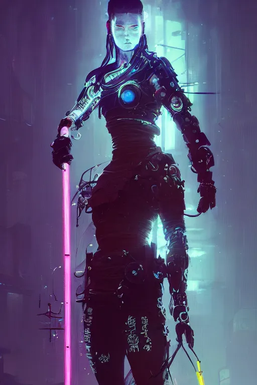 Prompt: horizon zero down, cyberpunk futuristic neon. fencing, long sword in her hand, decorated with traditional japanese ornaments by ismail inceoglu dragan bibin hans thoma greg rutkowski alexandros pyromallis nekro rene maritte illustrated, perfect face, fine details, realistic shaded, fine - face, pretty face, masterpiece