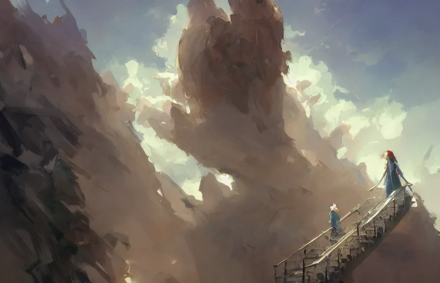 Prompt: greg manchess concept art of a the cloud stairs dimension, key visual, ambient lighting, highly detailed, digital painting, artstation, concept art, sharp focus, by makoto shinkai and akihiko yoshida and hidari and wlop and greg rutkowski