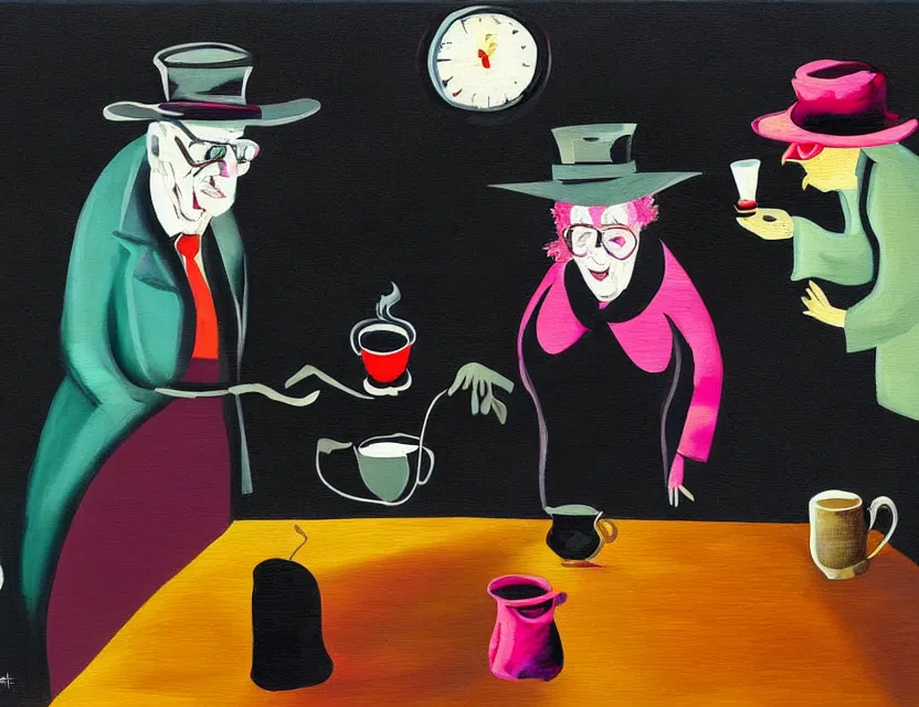 Image similar to a colorful dark night painting of a old and strange dusty professor in black suite and hat and a old woman making a study of drinking 1 0 cups of black coffee in 5 seconds in a kitchen that is melting, styled by francis bacon