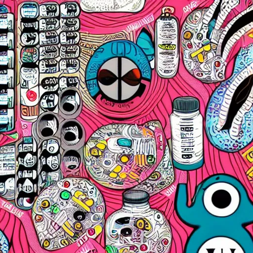 Image similar to pills, powders, acid tabs and syringes by tristan eaton and james jean, chiho aoshima color scheme