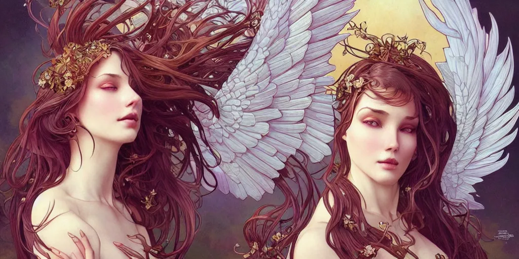 Image similar to beautiful woman is turning into an angel, dark surrealism, intricate, elegant, highly detailed, artstation, concept art, smooth, sharp focus, illustration, art by artgerm and moebius and alphonse mucha